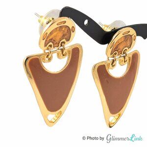 Vintage Modernist Burnt Sienna Enamel Doorknocker Earrings Gold Tone Geometric